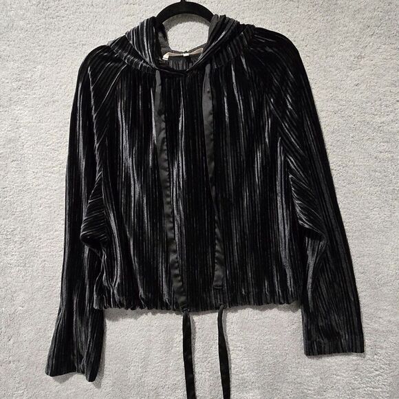 Rachel by Rachel Roy Sz‎ L Black Pleated Velvet Pullover Hoodie Womens Whimsical - Picture 1 of 10